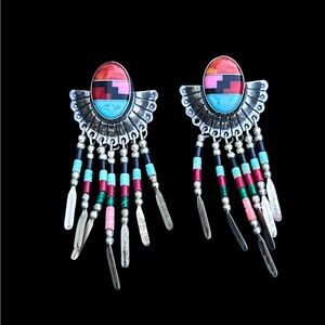 Vintage Signed Q.T. Sterling Silver Multi-stone Inlay Dangle Earrings